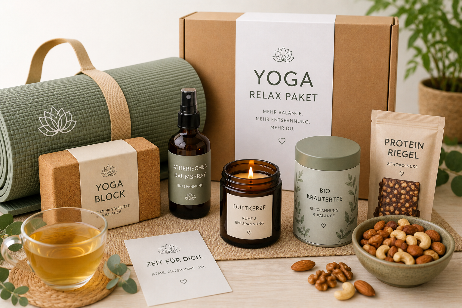 Yoga Relax Paket mit Yogamatte, Yoga-Block, Kräutertee, Duftkerze, Raumspray und gesunden Snacks in natürlicher Wellness-Atmosphäre.