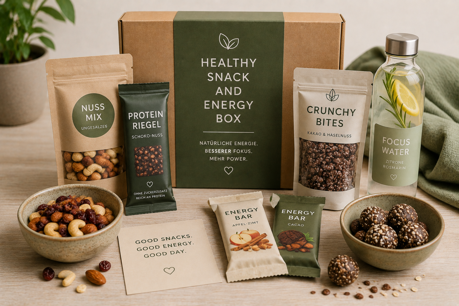 Healthy Snack & Energy Box mit Proteinriegeln, Nussmix, Energy Balls, Crunchy Snacks und Fokus-Water auf hellem Hintergrund.