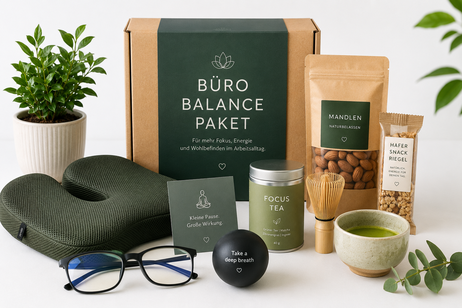 Büro Balance Paket mit ergonomischem Sitzkissen, Blaulichtfilter-Brille, Matcha-Tee, Anti-Stress-Ball, Snacks und Schreibtischpflanze auf hellem Hintergrund.