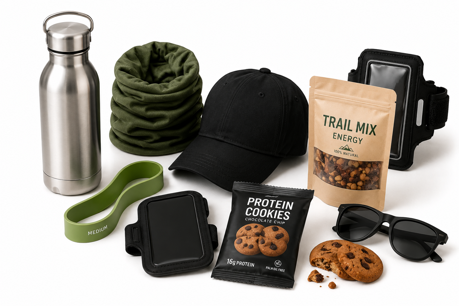 Outdoor Aktiv Paket mit Edelstahl-Trinkflasche, Fitnessband, Cap, Sonnenbrille, Smartphone-Armband und gesunden Snacks auf weißem Hintergrund.