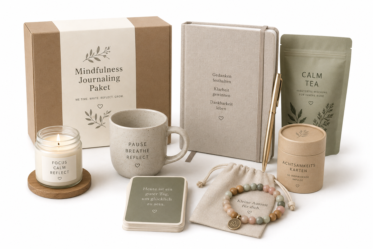 Mindfulness Journaling Paket mit Dankbarkeitsjournal, Meditation Cards, Tee, Duftkerze, Achtsamkeitskarten und Selfcare-Produkten auf weißem Hintergrund.