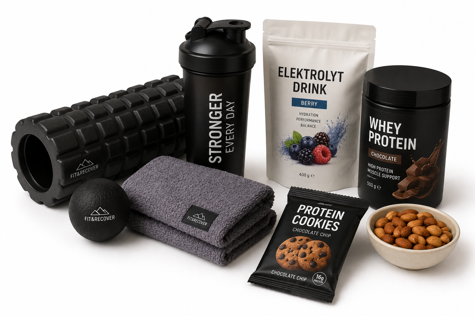Power & Recovery Paket mit Faszienrolle, Proteinshake, Elektrolyt-Drink, Massageball, Sporthandtuch und gesunden Snacks auf weißem Hintergrund.